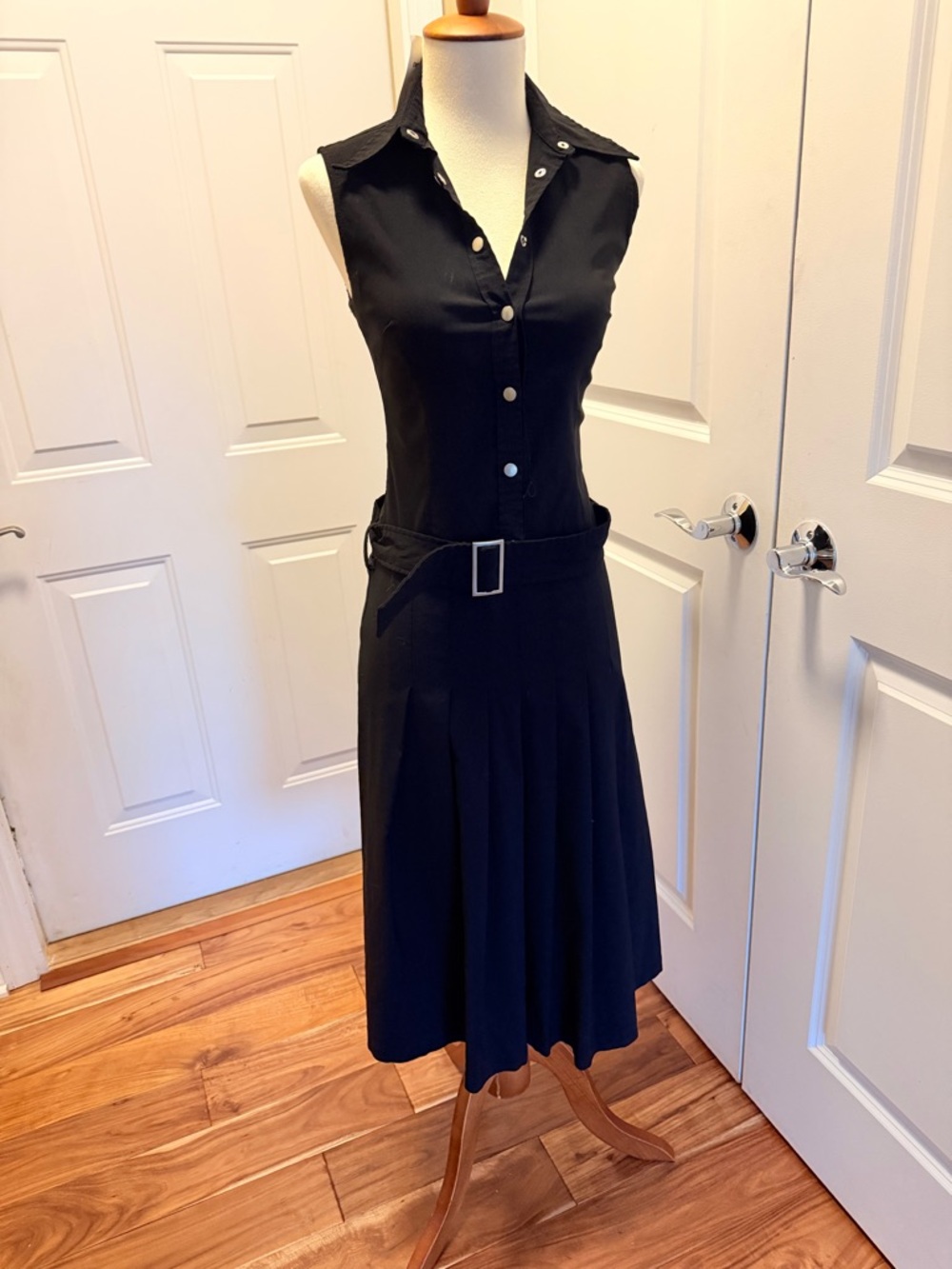 Sleeveless Black Collared Belted Midi Dress